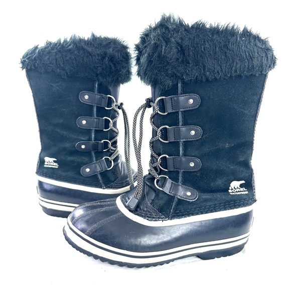 Sorel Joan Of Arc Youth Girl Size 6 Black Suede Snow Boot Wool Lining NY1966013 - Picture 4 of 8